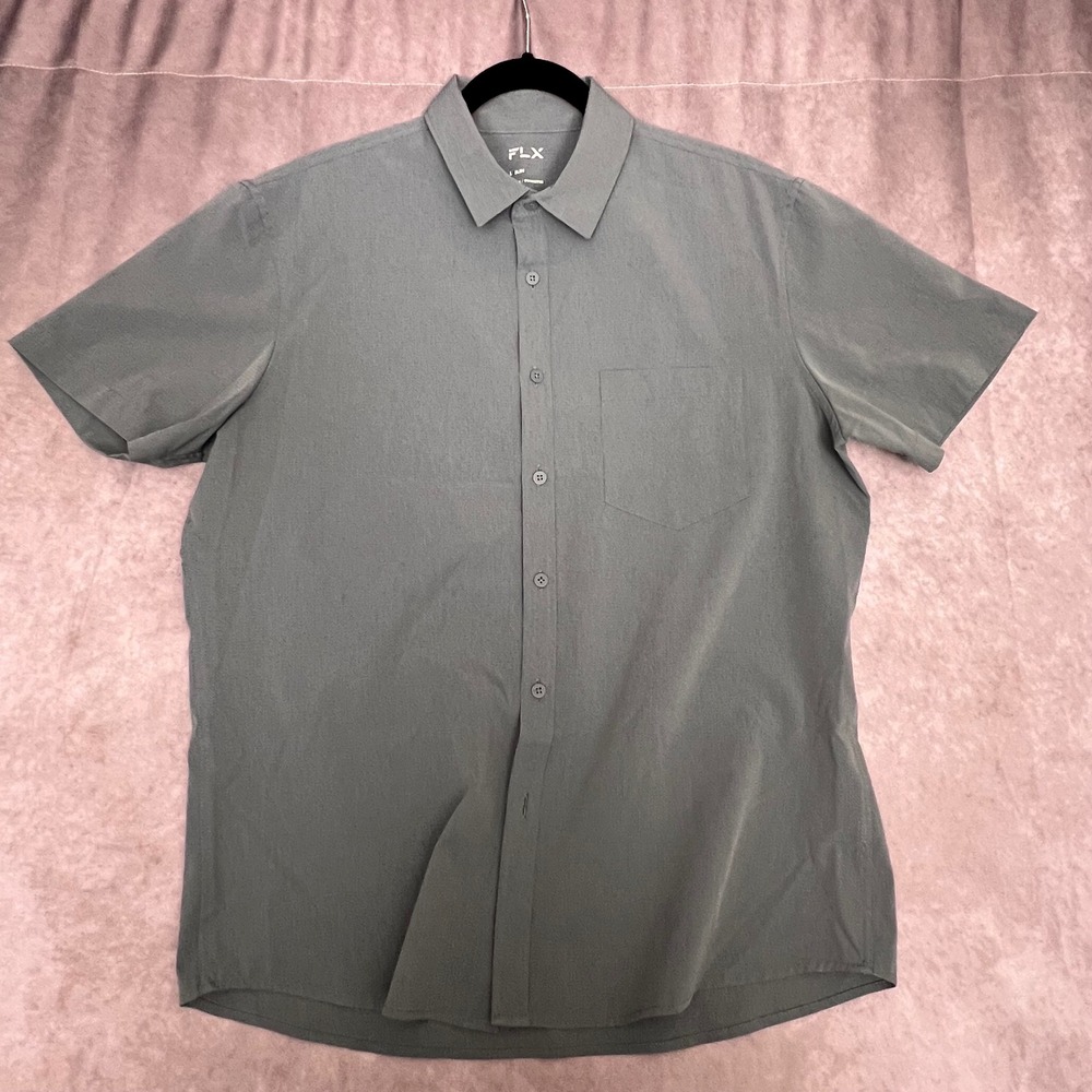 FLX Urban Commuter Shirt Mens Large Slim Grey Excellent Short Sleeve Button Down